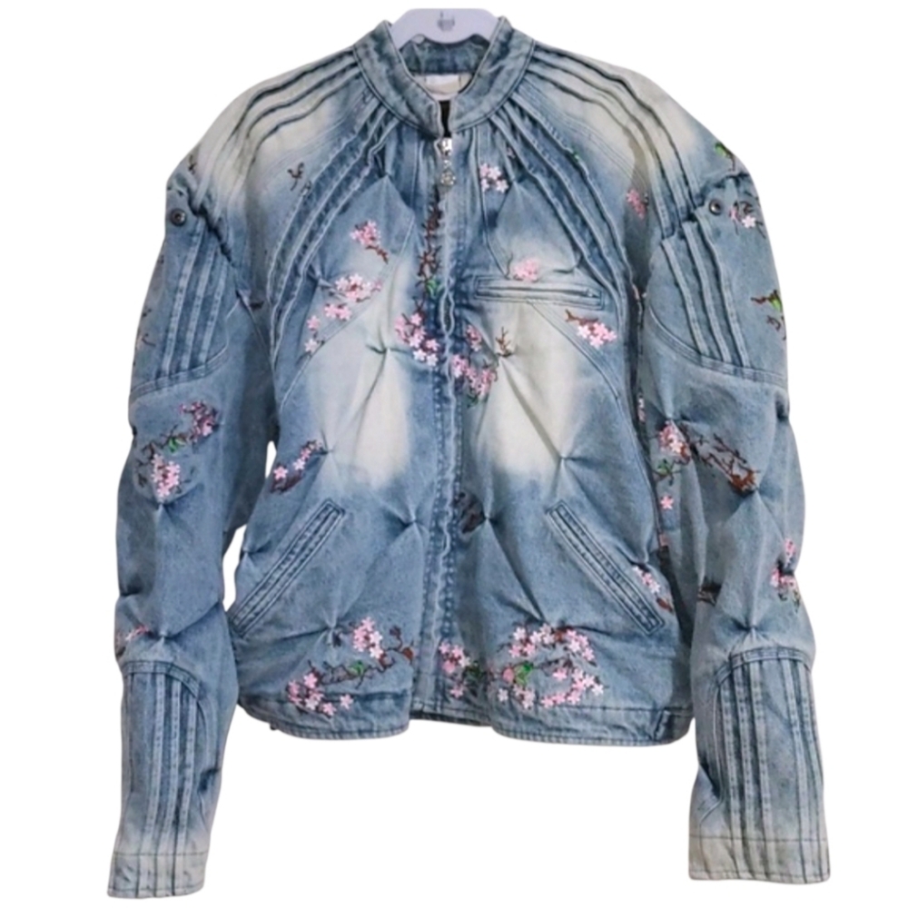 CHERRY BLOSSOM DENIM RACER JACKET BY BAD SON Medium UNISEX OVERSIZED COAT - Picture 10 of 10